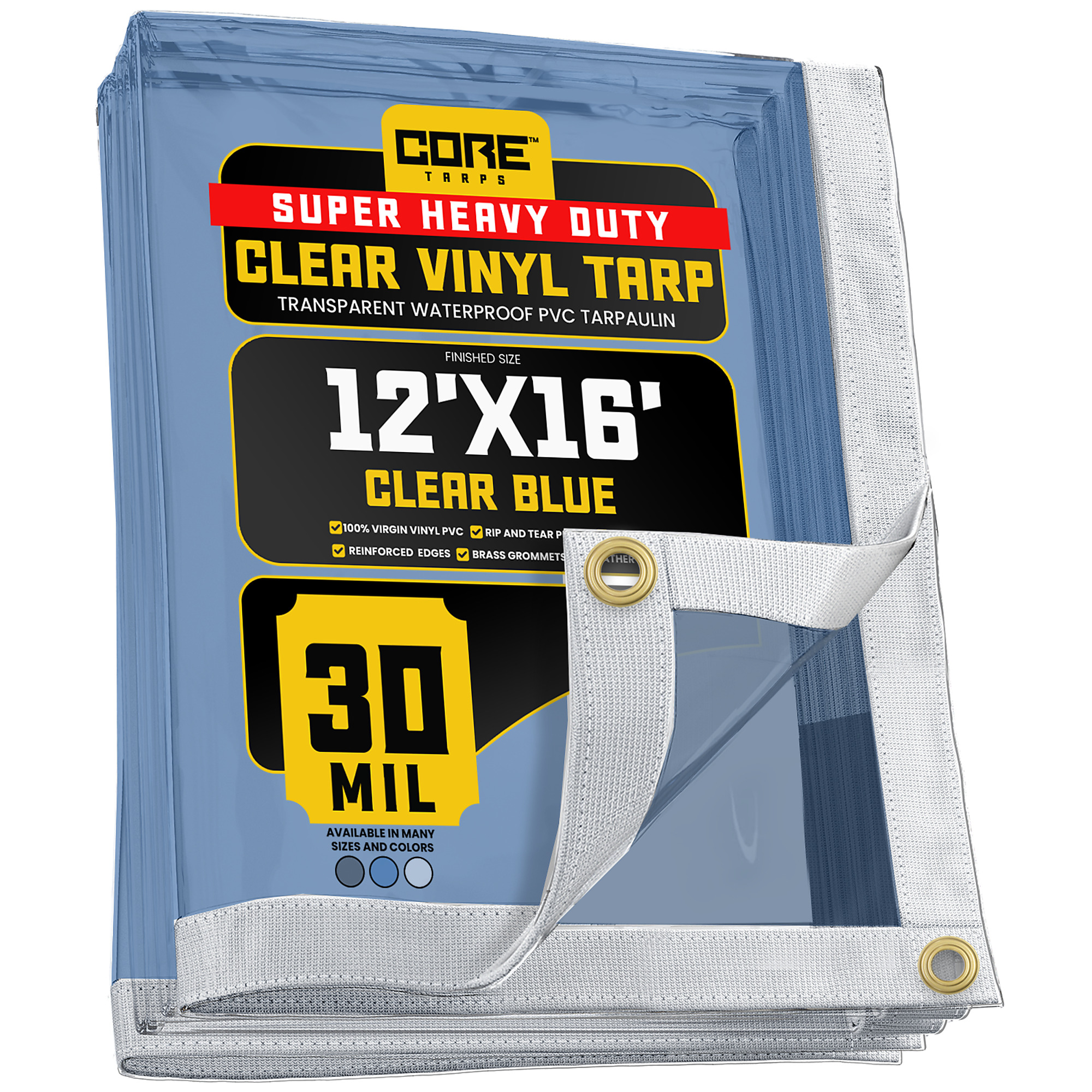 Core Tarps Extreme Heavy Duty Vinyl Tarp — 30 Mil, Waterproof PVC, 12ft. x 16ft., Clear Blue, Brass Grommets, Model# CT-203-12X16